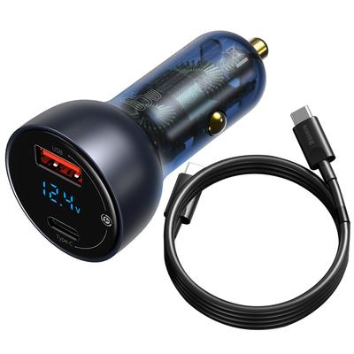 Baseus Particular szivargyújtós töltő, digitális kijelzővel, USB + USB-C, QC3.0 + PD, 5A, 65 W -szürke-, + USB-C kábellel, 1m, 100W-fekete