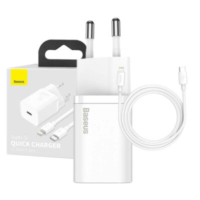 Baseus Super Si gyorstöltő 1C 20W adapter 1 m-es USB-C-Lightning kábellel (fehér)