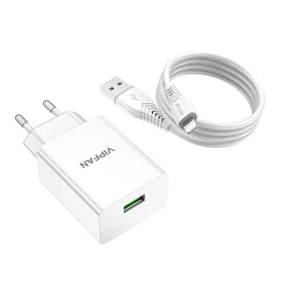 Vipfan  hálózati töltőadapter+ Lightning kábel , E03, 1x USB, 18W, QC 3.0, fehér