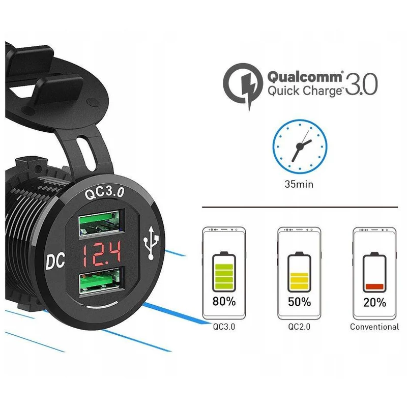 Freedconn vízálló gyorstöltő motorhoz, rollerhez, quadhoz, motorcsónakhoz, MC3084G, 2x USB QC3.0