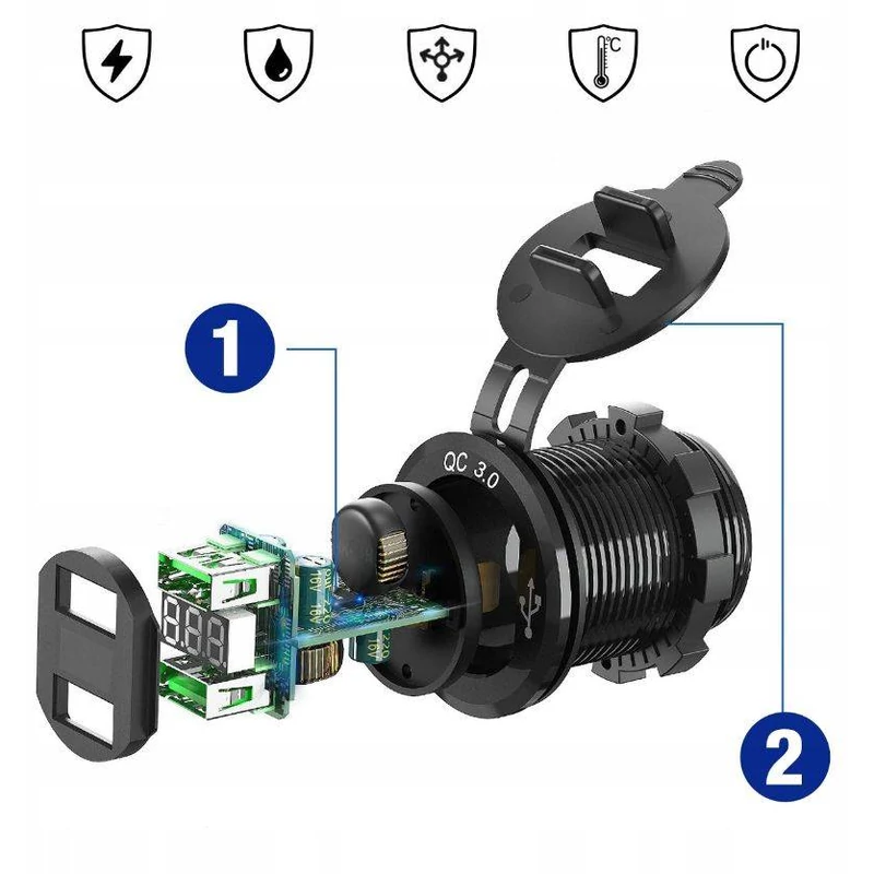 Freedconn vízálló gyorstöltő motorhoz, rollerhez, quadhoz, motorcsónakhoz, MC3084G, 2x USB QC3.0