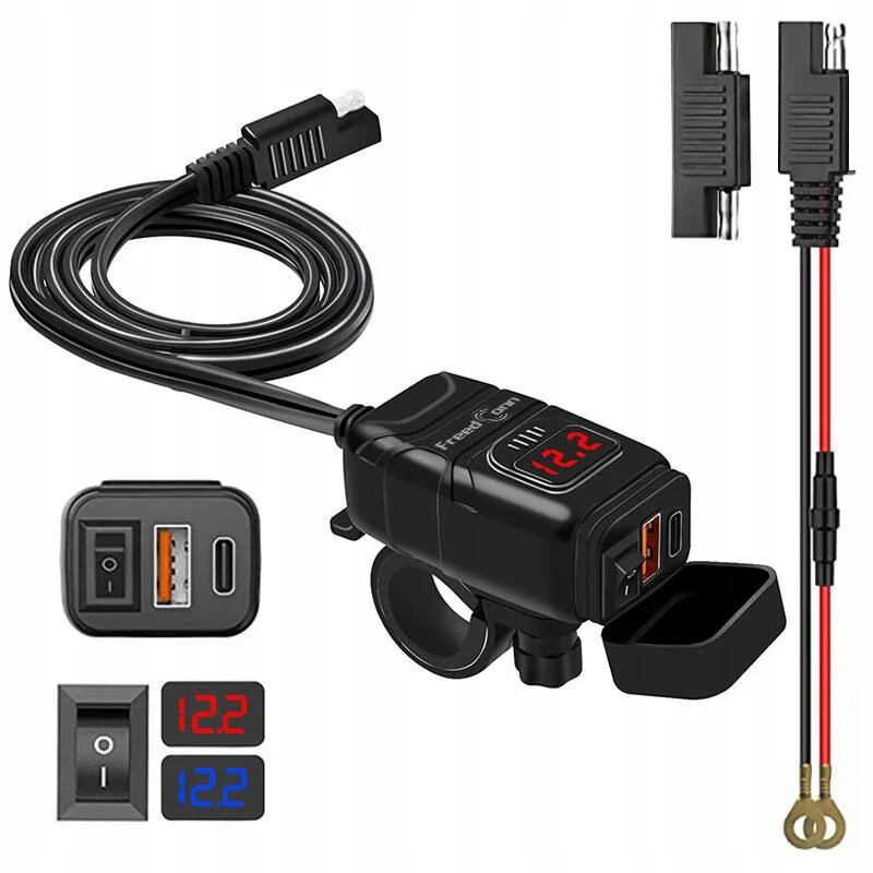FreedConn motorkerékpárra szerelhető töltő USB+USB-C QC3.0 gyorstöltő, MC1N-PD