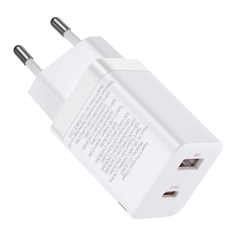 Baseus Super Si Pro gyorstöltő USB + USB-C 30W, fehér