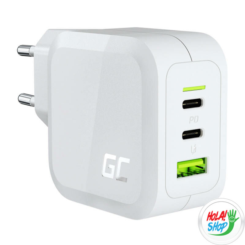 Power charger Green Cell GC PowerGaN 65W (2x USB-C Power Delivery, 1x USB-A compatible with Quick Charge 3.0) (white)