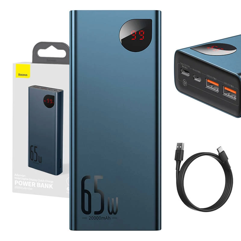 Baseus Adaman Metal Powerbank 20000mAh, PD, QC 3.0, 65W, 2xUSB + USB-C + mikro USB, (kék)
