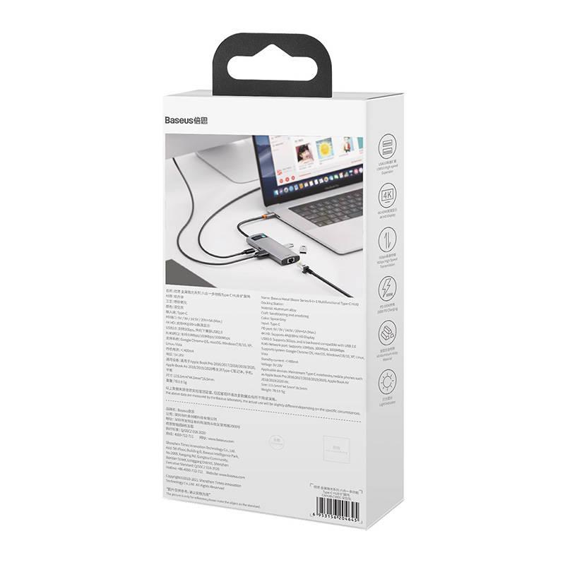 Baseus Metal Gleam Series 6 az 1-ben hub, USB-C - 3x USB 3.0 + HDMI + USB-C PD + Ethernet RJ45