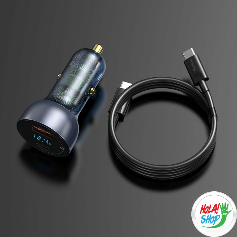 Baseus Particular Digital Display autós töltő kijelzővel, USB + USB-C, QC3.0 + PD, 5A, 65 W (szürke) + USB-C kábel 1 m 100 W (fekete)