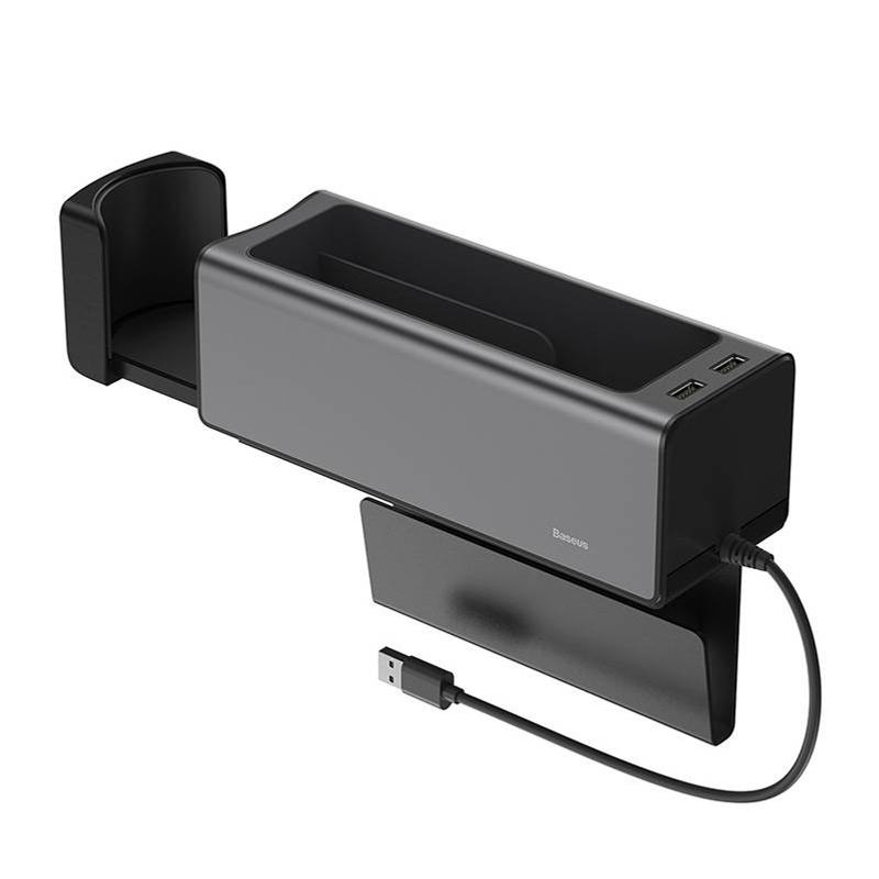 Baseus Deluxe fém autós rendszerező pohártartóval, 2x USB töltővel, fekete