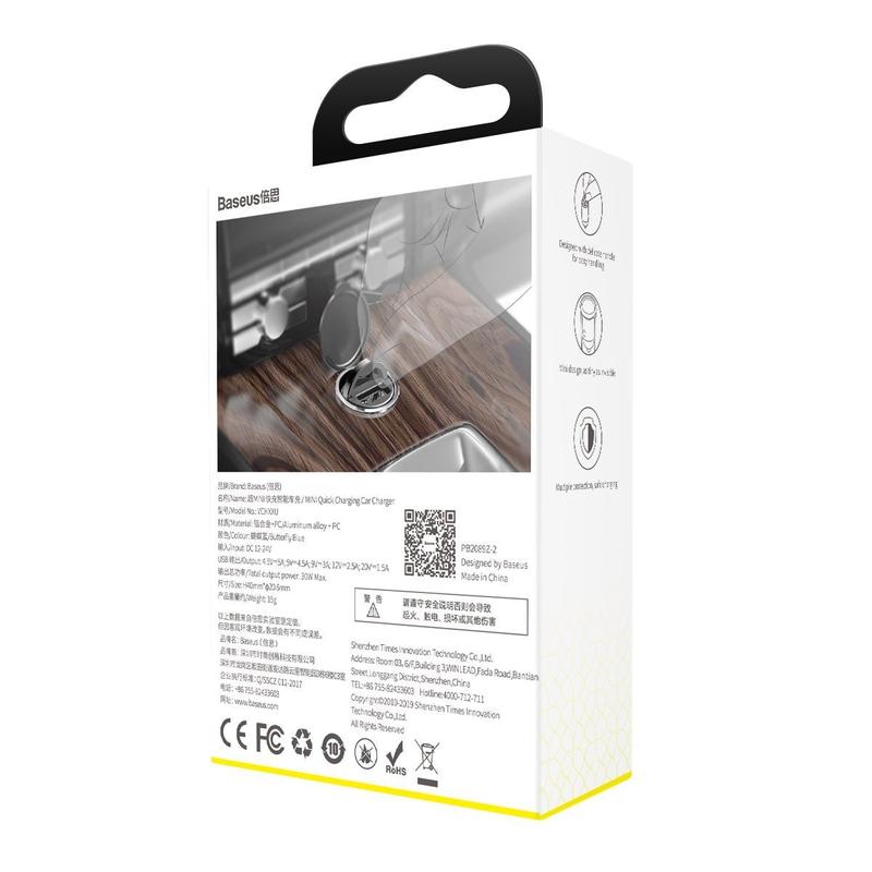 Baseus Tiny Star mini autós töltő, USB, QC 3.0, 30 W (szürke)