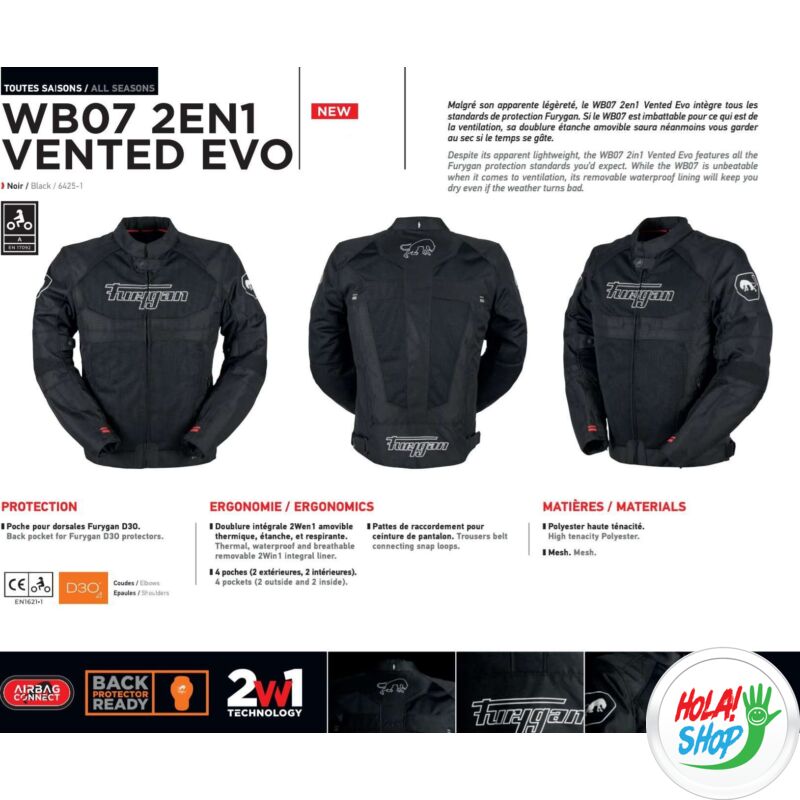 Furygan WB07 2in1 Vented Evo nyári motoros hálós kabát, fekete, Airbag ready